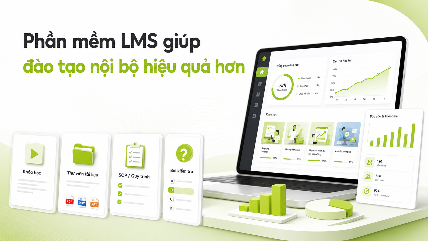 Phần mềm LMS giúp doanh nghiệp tổ chức đào tạo nội bộ, theo dõi tiến độ, đánh giá quiz và quản lý tài liệu tập trung.