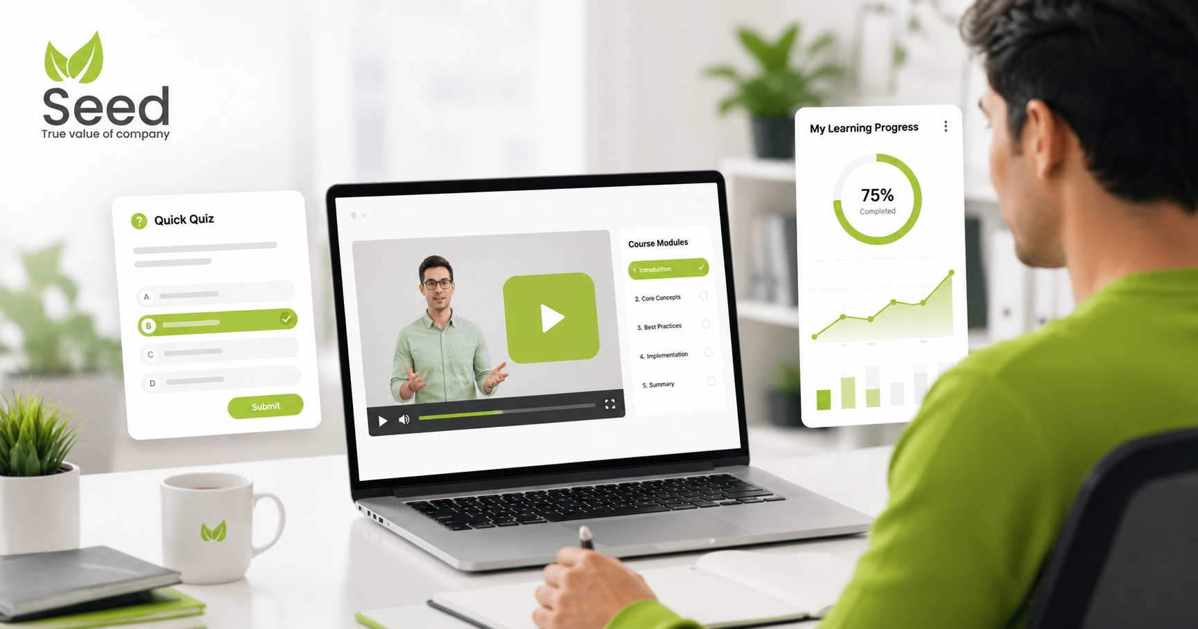 Đào tạo trực tuyến nội bộ với nhân viên xem video đào tạo, module khóa học, quiz và biểu đồ tiến độ học tập.